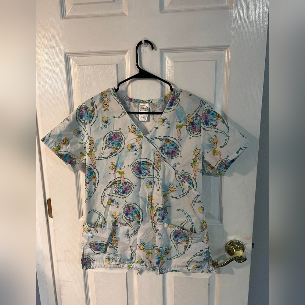 Disney licensed blue tinkerbell scrub top womens small